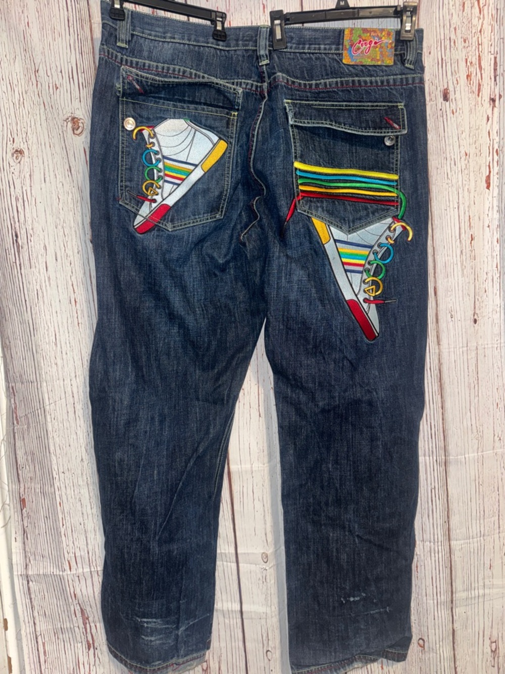 COOGI Men's Dark Blue Denim Jeans with Rainbow Pocket Trim